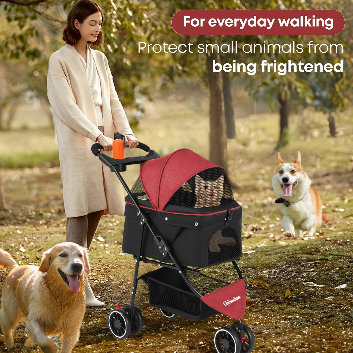 Foldable Three‑Wheel Pet Stroller With Breathable Canopy.