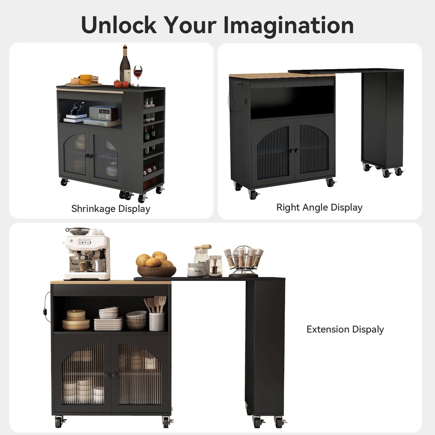 US Kitchen Island On Wheels with Extended Table MDF Rolling Kitchen Storage Cart LED Light Power Outlets 2 Fluted Glass Doors