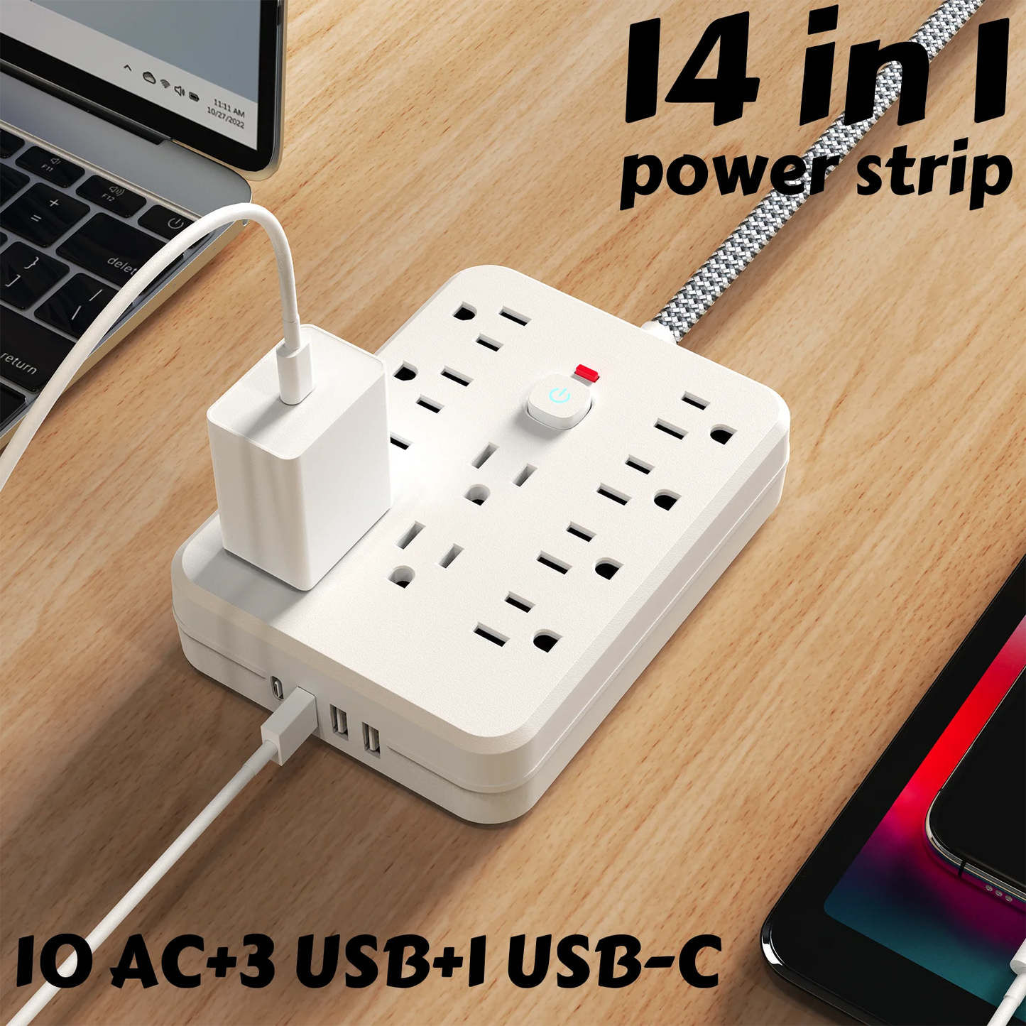 10AC outlets with 5-ft Woven material wire, 3USB ,1 USB-C fast-charging ports Power strip surge protector provides overload protector