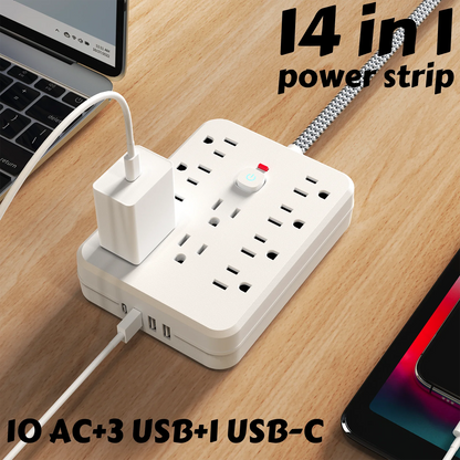 10AC outlets with 5-ft Woven material wire, 3USB ,1 USB-C fast-charging ports Power strip surge protector provides overload protector