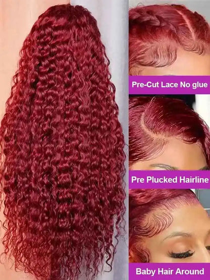 Burgundy deep‑wave wig, 13x4 HD lace.