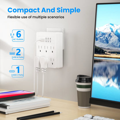 6 AC power strip, 3 USB ports, 1 USB-C fast charging port. The power strip surge protector provides overload protection for home