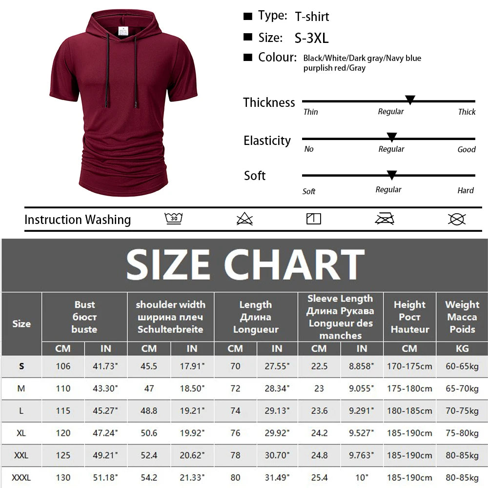 Summer Men's Hooded Sweatwear Casual Short Sleeve Loose T-shirt Solid Color Lightweight Hoodie Fitness Breathable Tops