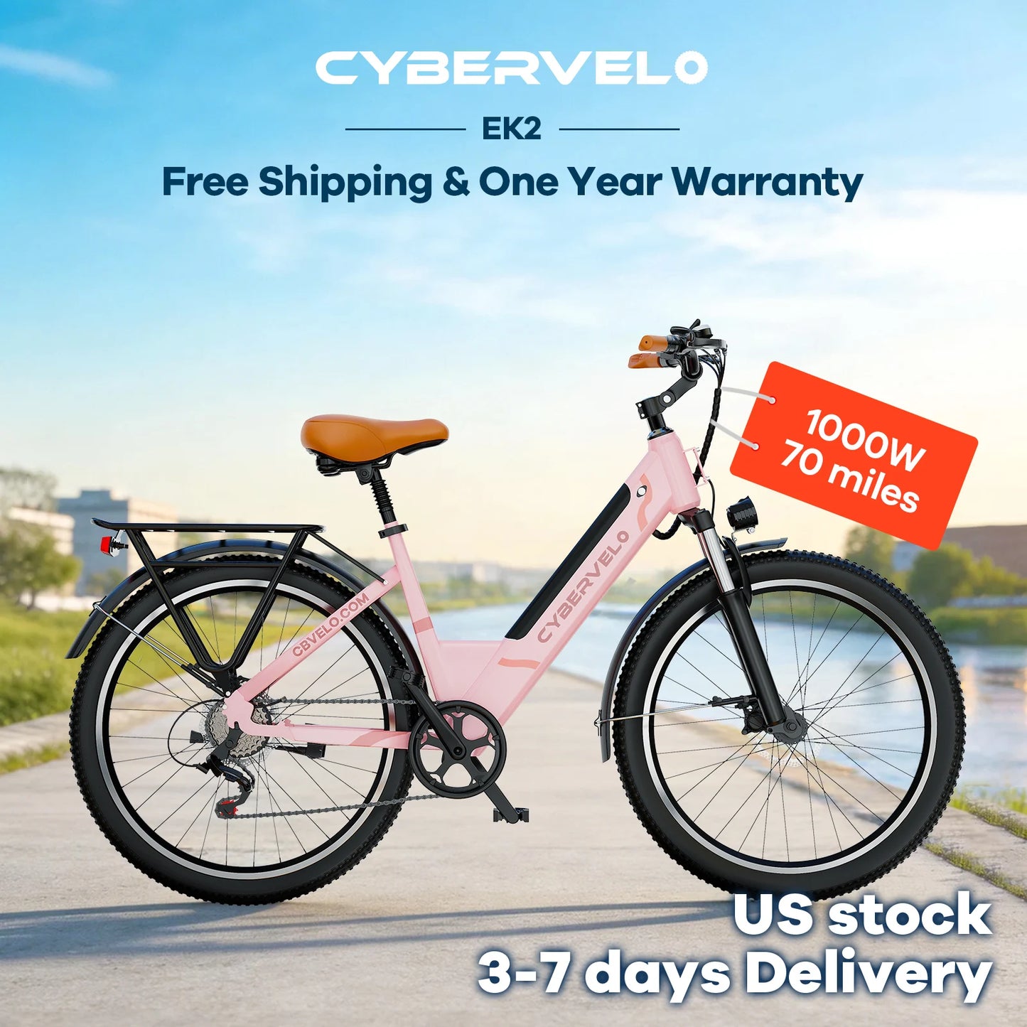 1000W Peak Electric Bike for Adults Cybervelo EK2 26" Step-Thru 14Ah Removable Battery 80Miles City Commuter Ebike