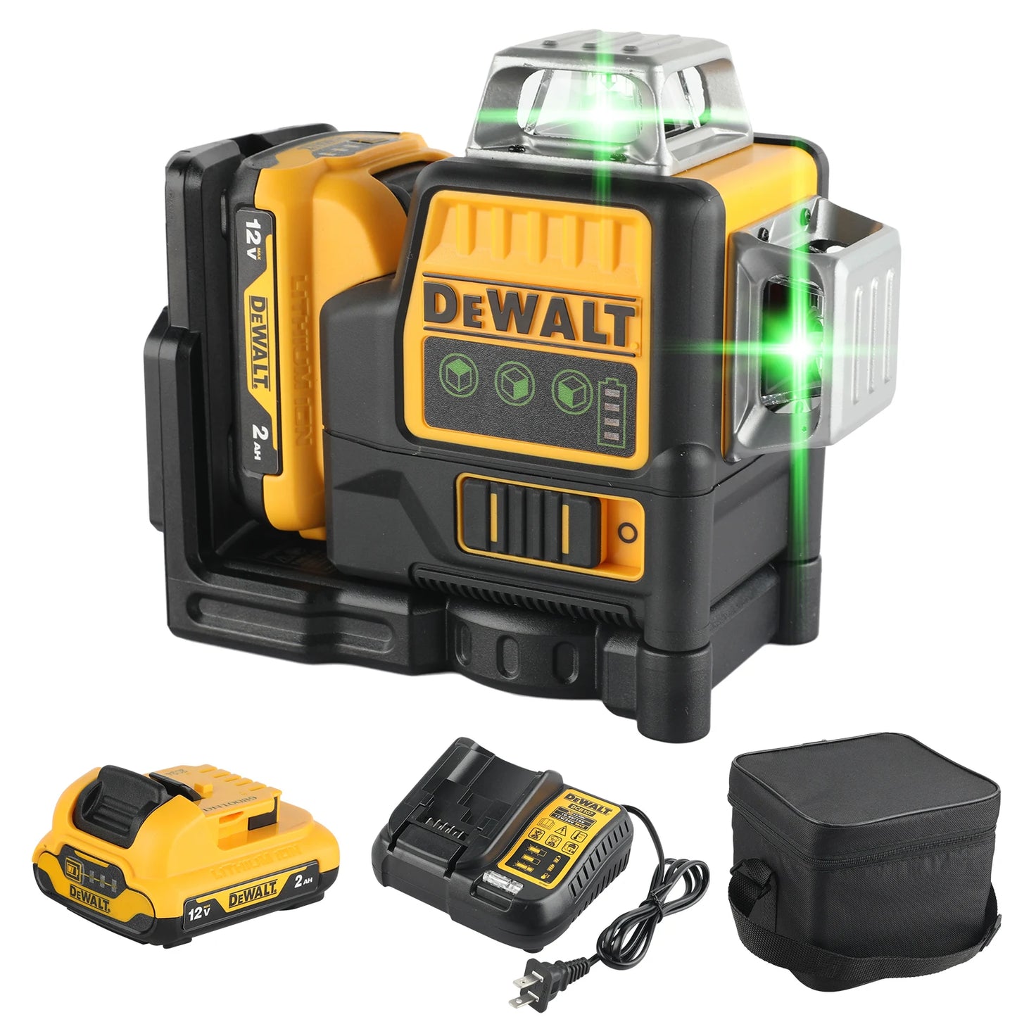 DW089LG 12V Lithium Green Laser Level - 3 Sided 360° Vertical & Horizontal, 12 Line, Ideal for Indoor/Outdoor Projects