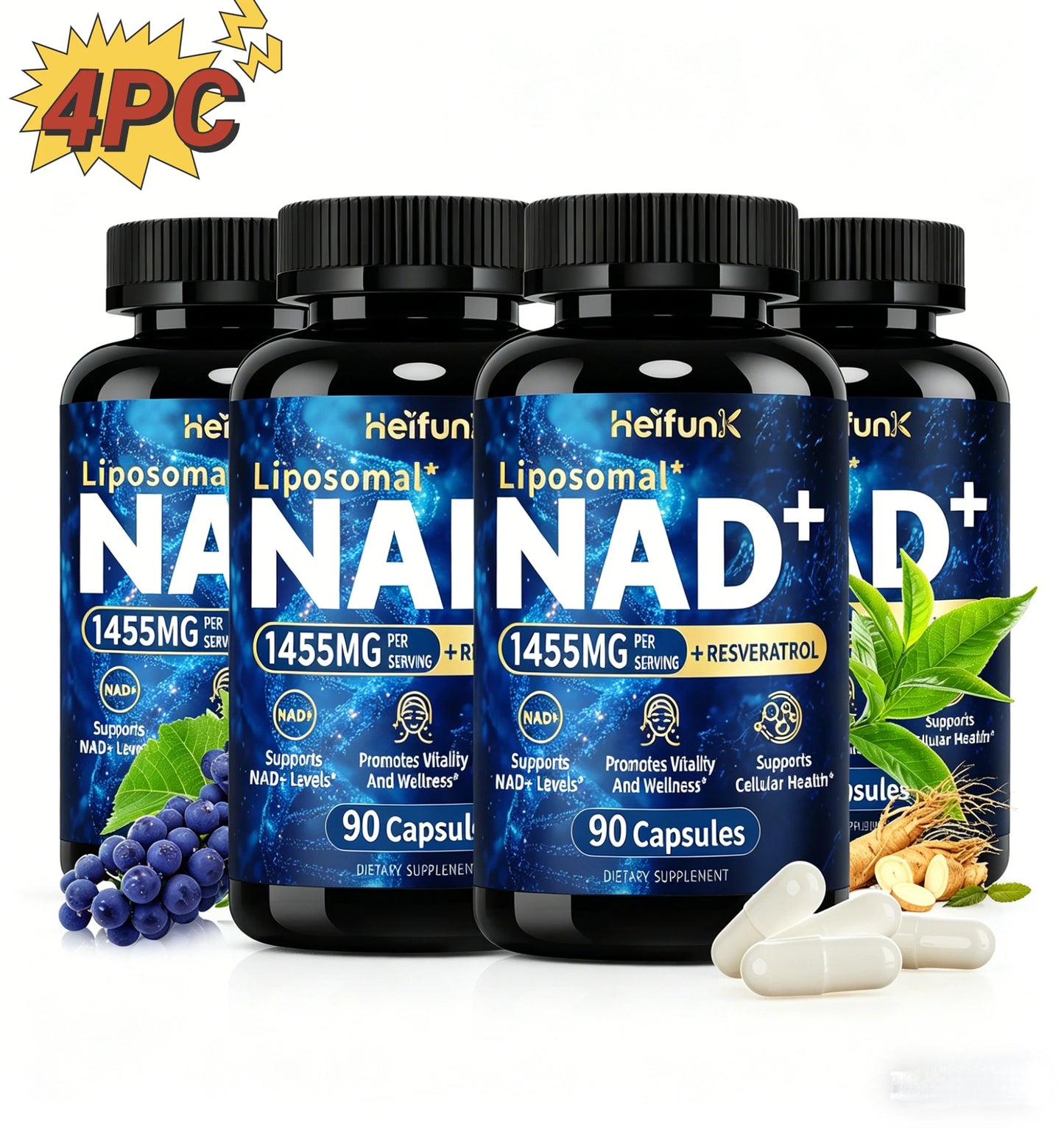 Supplement 1450mg NAD Resveratrol Supplement for Women and Men NAD+ Support Cellular Health Anti Aging 90 Count