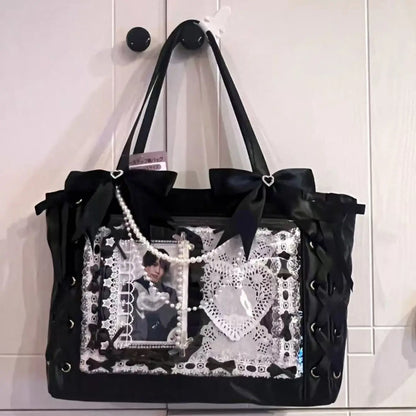 New Japanese Sweet Girl Ulzzang Ita Bag Ribbon Cute Handbag for Women Large Capacity Transparent DIY Badge One-shoulder Tote Bag