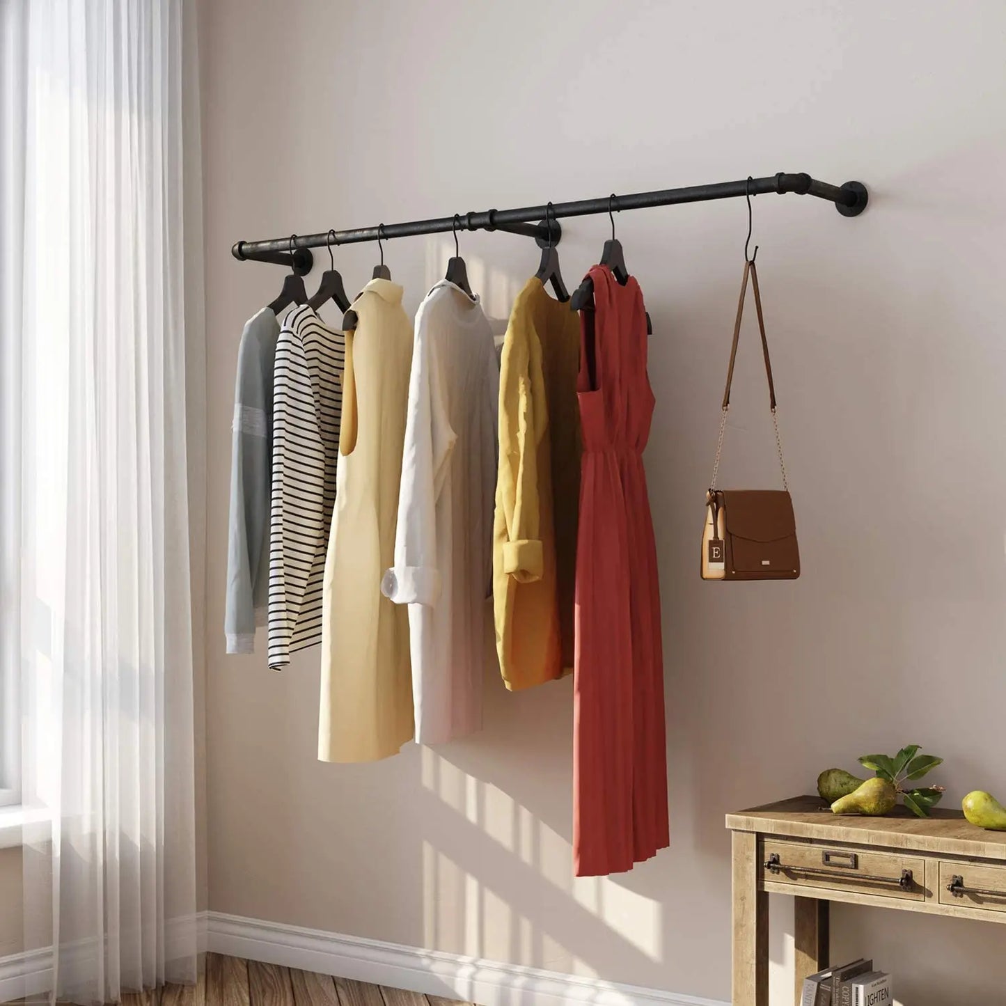 Tall Industrial Wall Mounted Clothes Rack With Hooks Shelf.