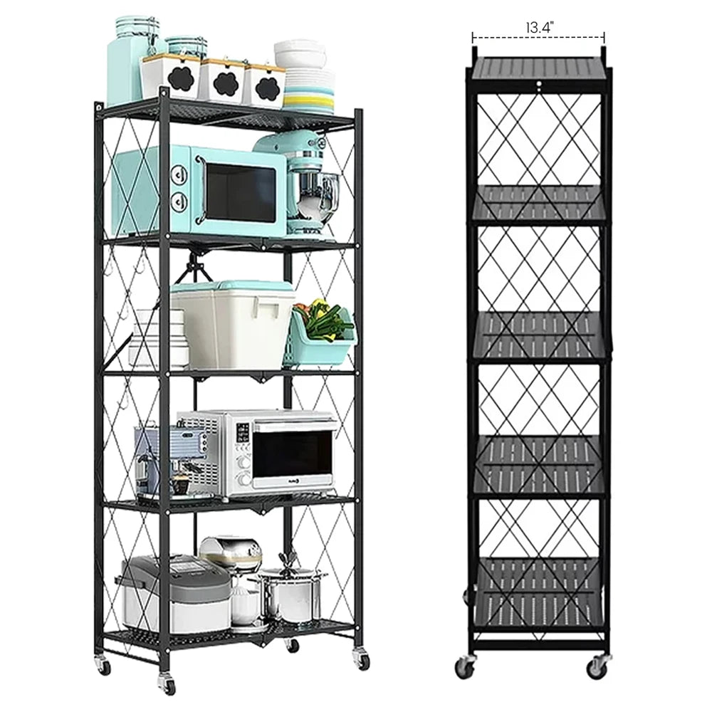 Heavy Duty Adjustable Five‑Tier Metal Shelving With Wheels.