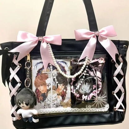 New Japanese Sweet Girl Ulzzang Ita Bag Ribbon Cute Handbag for Women Large Capacity Transparent DIY Badge One-shoulder Tote Bag