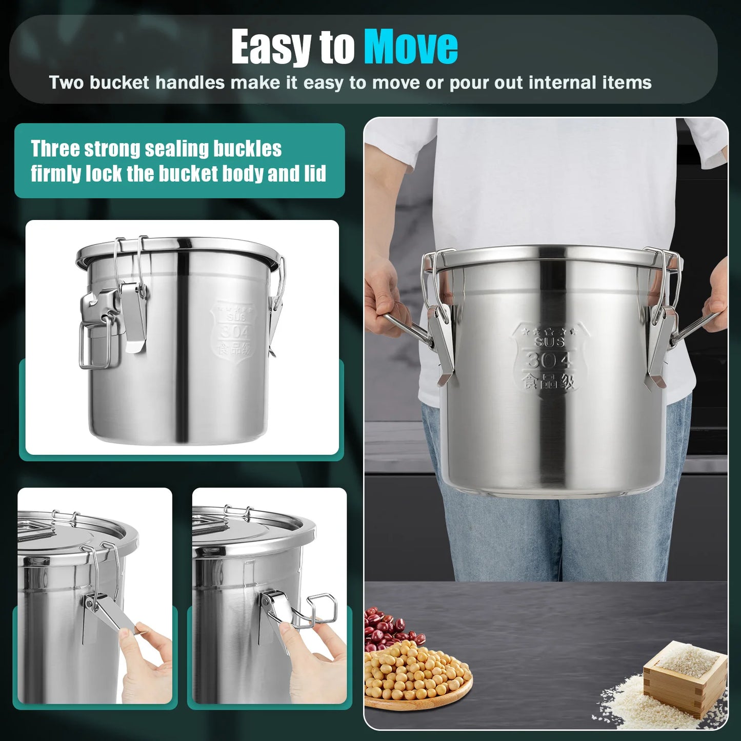 21/33L Stainless Steel Storage Bucket With Lids and 3 Sturdy Locking Clamp Storing Various Dry/Wet Items