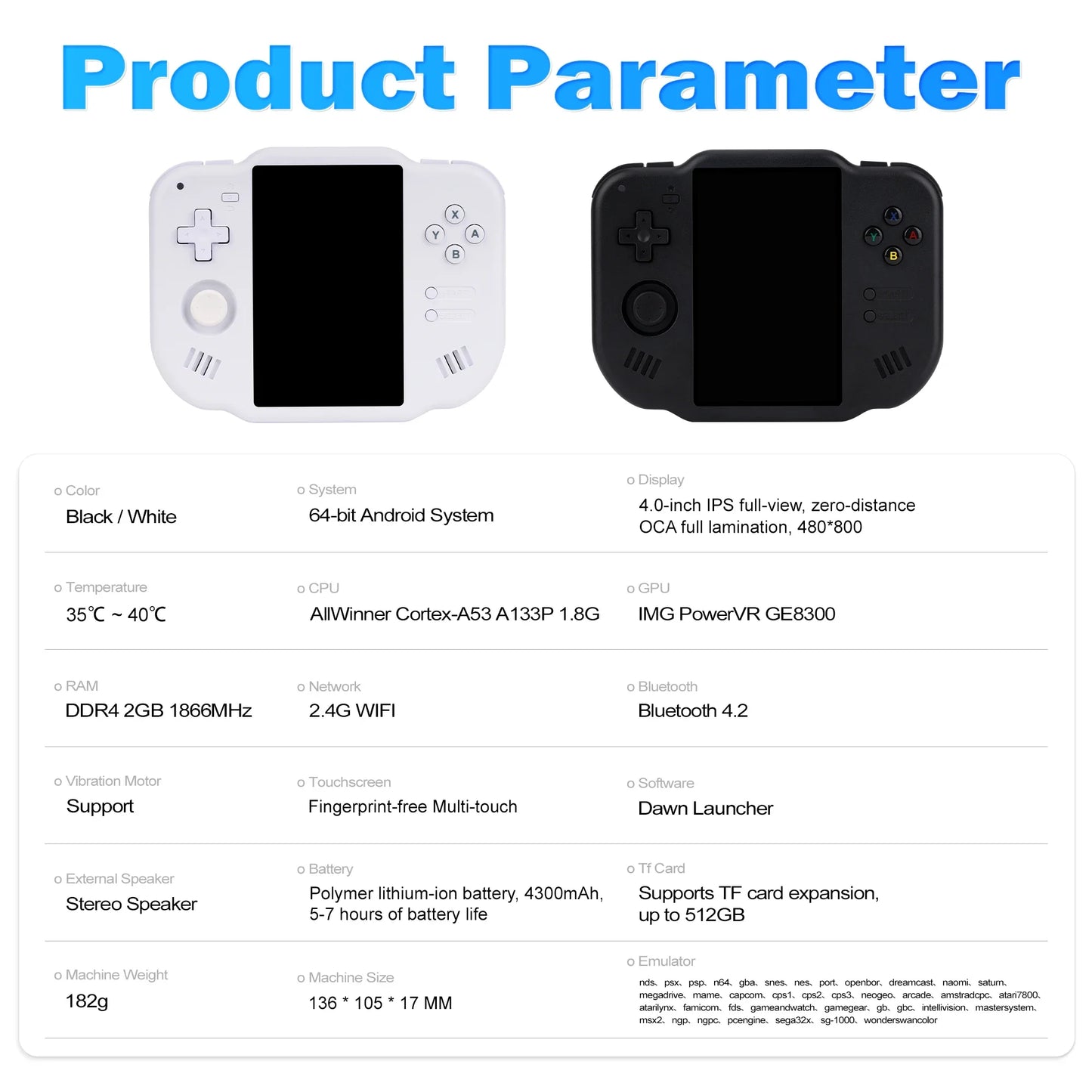40 Handheld Game Console 4'' IPS Multi-touch Screen Android A133P Magicx Zero40 WiFi Support Vibration Motor for NDS