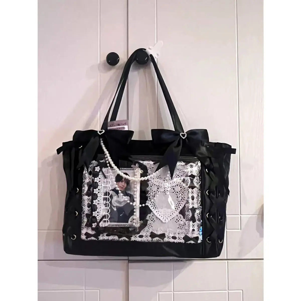 New Japanese Sweet Girl Ulzzang Ita Bag Ribbon Cute Handbag for Women Large Capacity Transparent DIY Badge One-shoulder Tote Bag