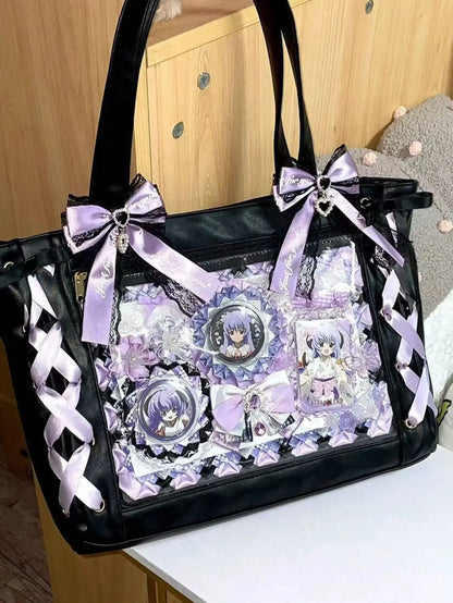 New Japanese Sweet Girl Ulzzang Ita Bag Ribbon Cute Handbag for Women Large Capacity Transparent DIY Badge One-shoulder Tote Bag