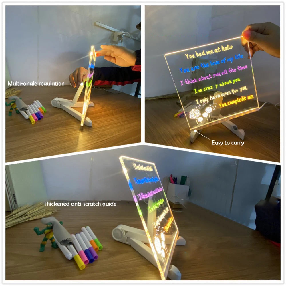 DIY LED Note Board With Night Light Colorful 7 Pens Acrylic Message Board Children‘s Drawing Board For Kids Birthday Gift