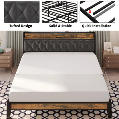 Twin/TwinXL/Full/Queen/King/CaliforniaKing Bed Frames, Storage Headboard with Outlets, No Noise, No Box Springs Needed