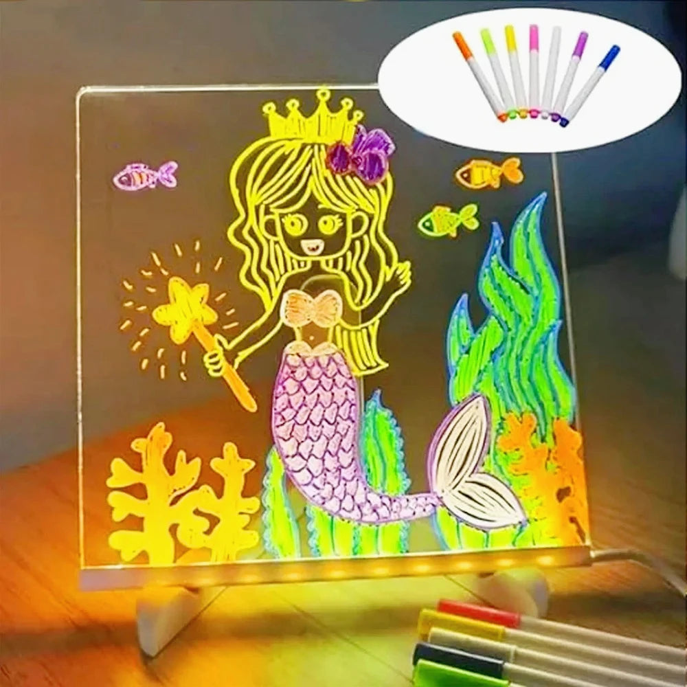 DIY LED Note Board With Night Light Colorful 7 Pens Acrylic Message Board Children‘s Drawing Board For Kids Birthday Gift
