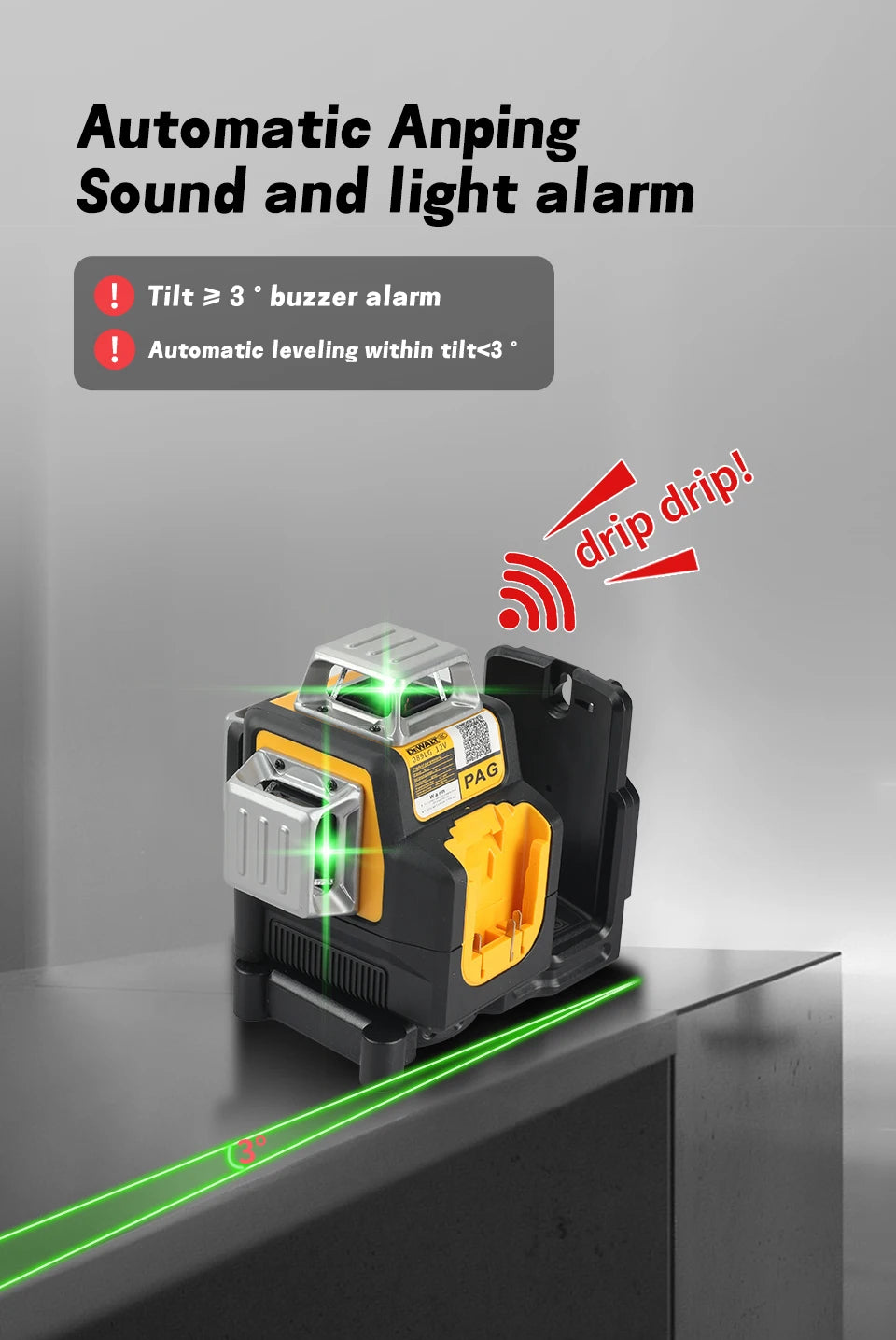 DW089LG 12V Lithium Green Laser Level - 3 Sided 360° Vertical & Horizontal, 12 Line, Ideal for Indoor/Outdoor Projects