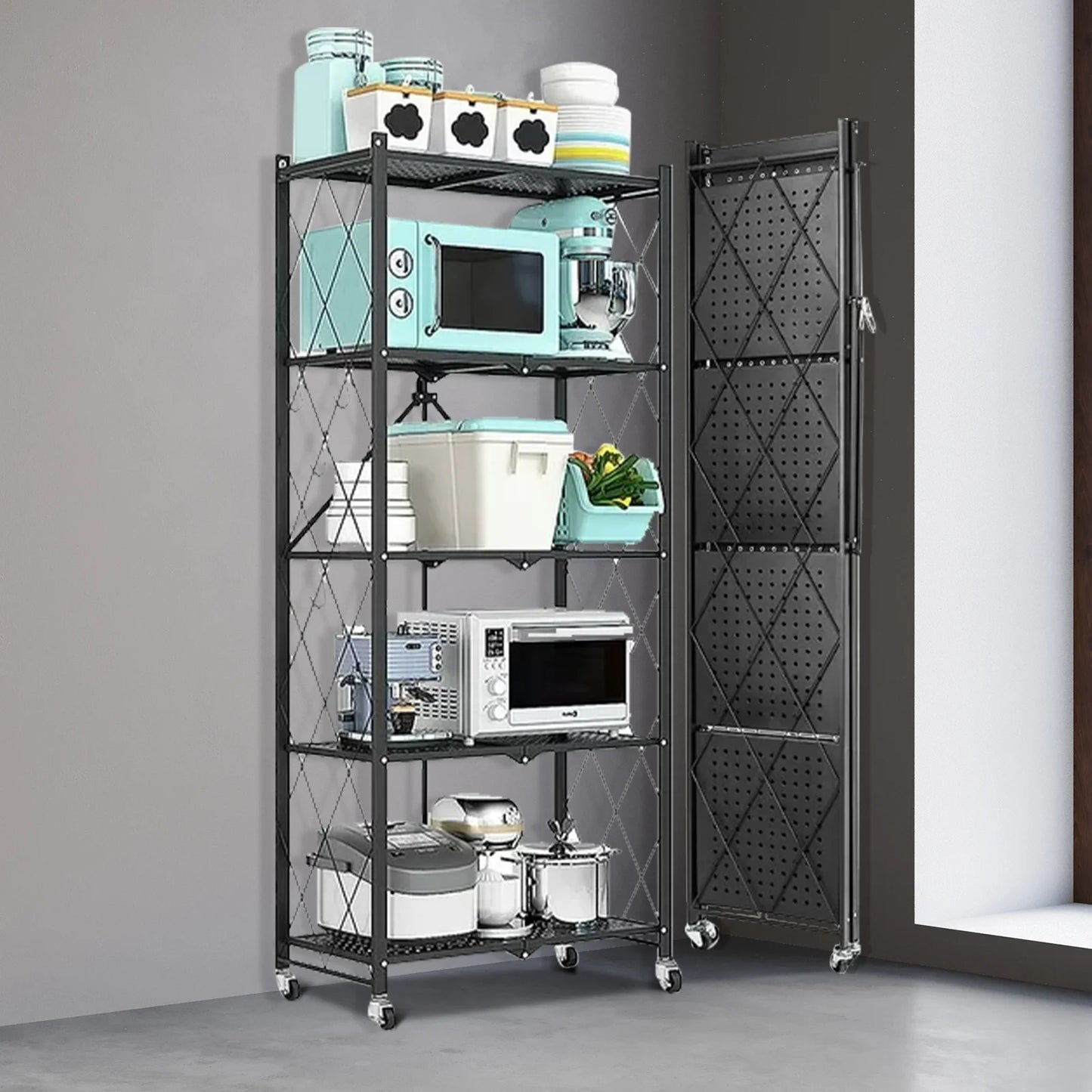 Heavy Duty Adjustable Five‑Tier Metal Shelving With Wheels.