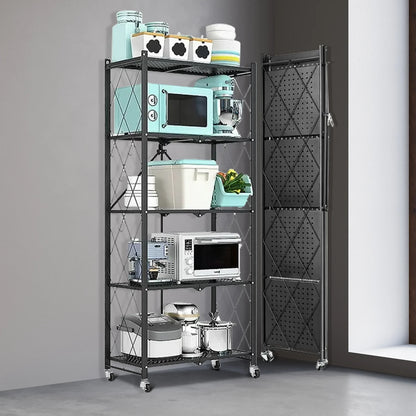 Heavy Duty Adjustable Five‑Tier Metal Shelving With Wheels.