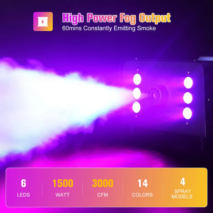 1500W Smoke Machine RGB 6 LED Fog Machine with Remote Control for DJ Disco Party Christmas Stage Effect Fogger Machine