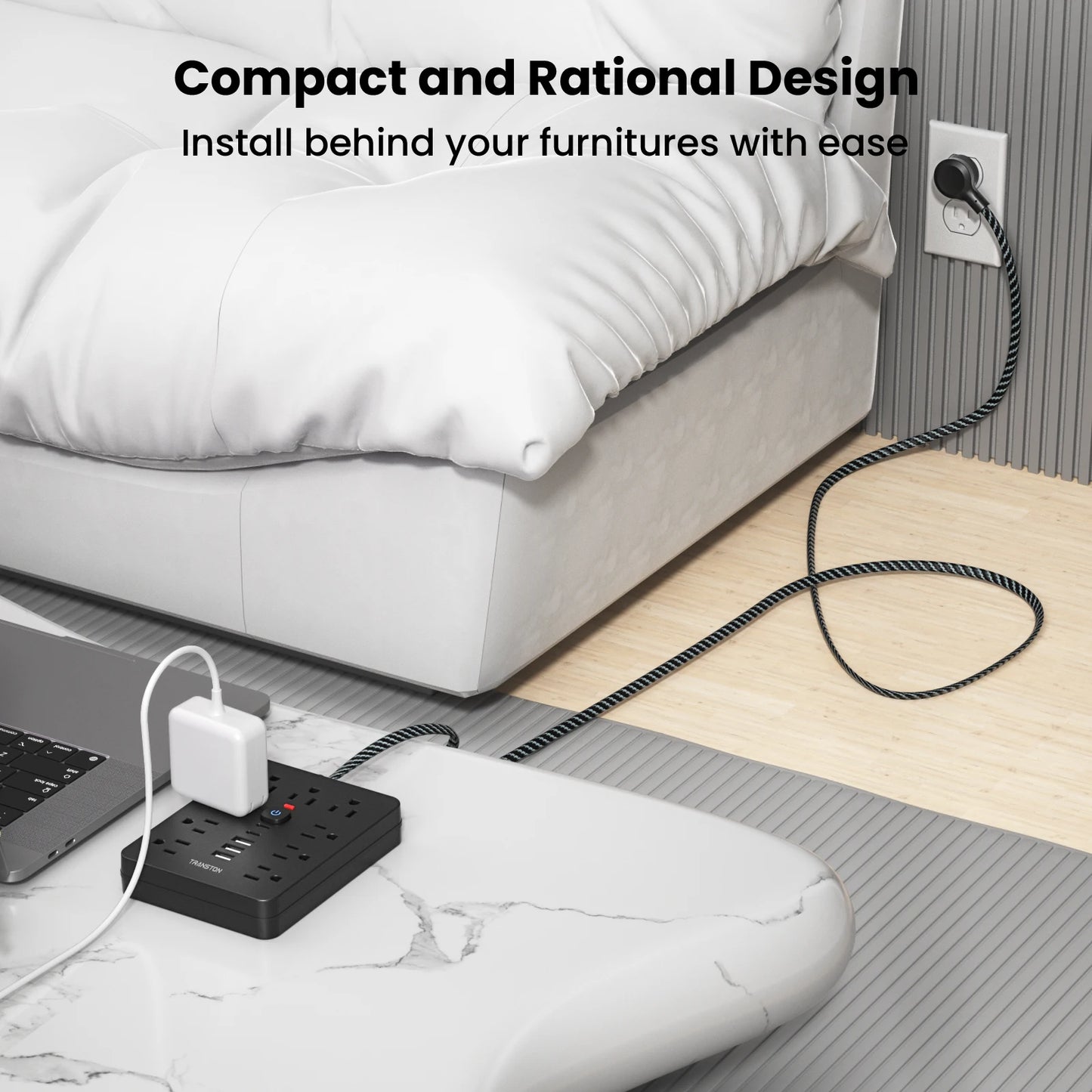 Power strip surge protector with 9 Ac Outlets,3 USB & 2 USB-C,5ft Cable, Weaving thread,45° tilt plug, Black