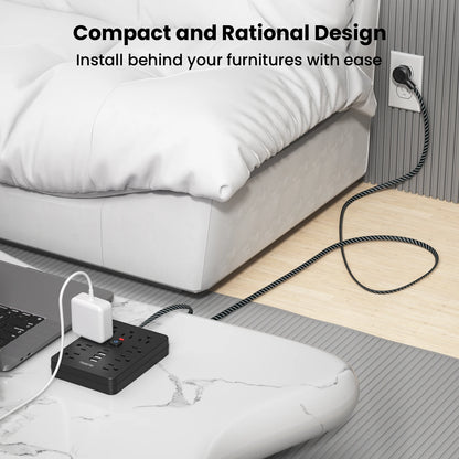 Power strip surge protector with 9 Ac Outlets,3 USB & 2 USB-C,5ft Cable, Weaving thread,45° tilt plug, Black