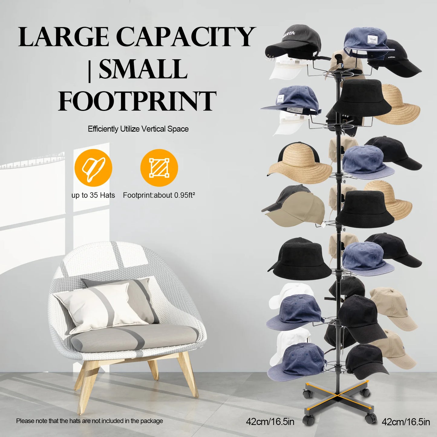 7 Tier Hat Rack Black Freestanding Hat Stand Large Capacity Holds 35 Hats Rotating Display Shelf Space Saving Floor Organizer for Hats Shop Retail Store Home Easy Access