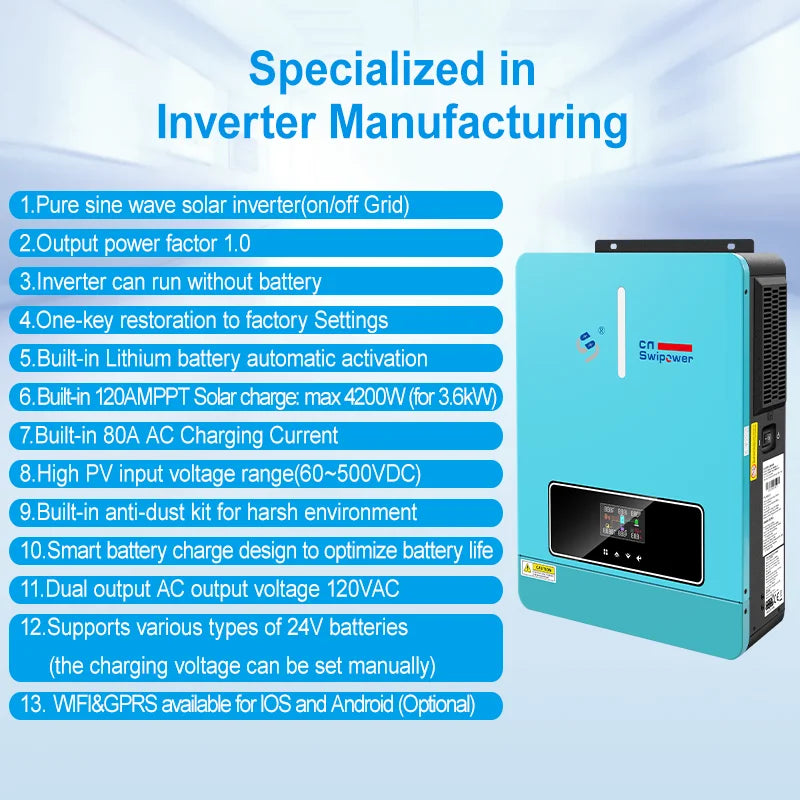 CNswipower 3600W 24VDC 120VAC Solar Inverter Charger 50HZ/60HZ Hybrid Inverter 120A MPPT LCD display