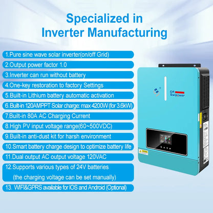 CNswipower 3600W 24VDC 120VAC Solar Inverter Charger 50HZ/60HZ Hybrid Inverter 120A MPPT LCD display