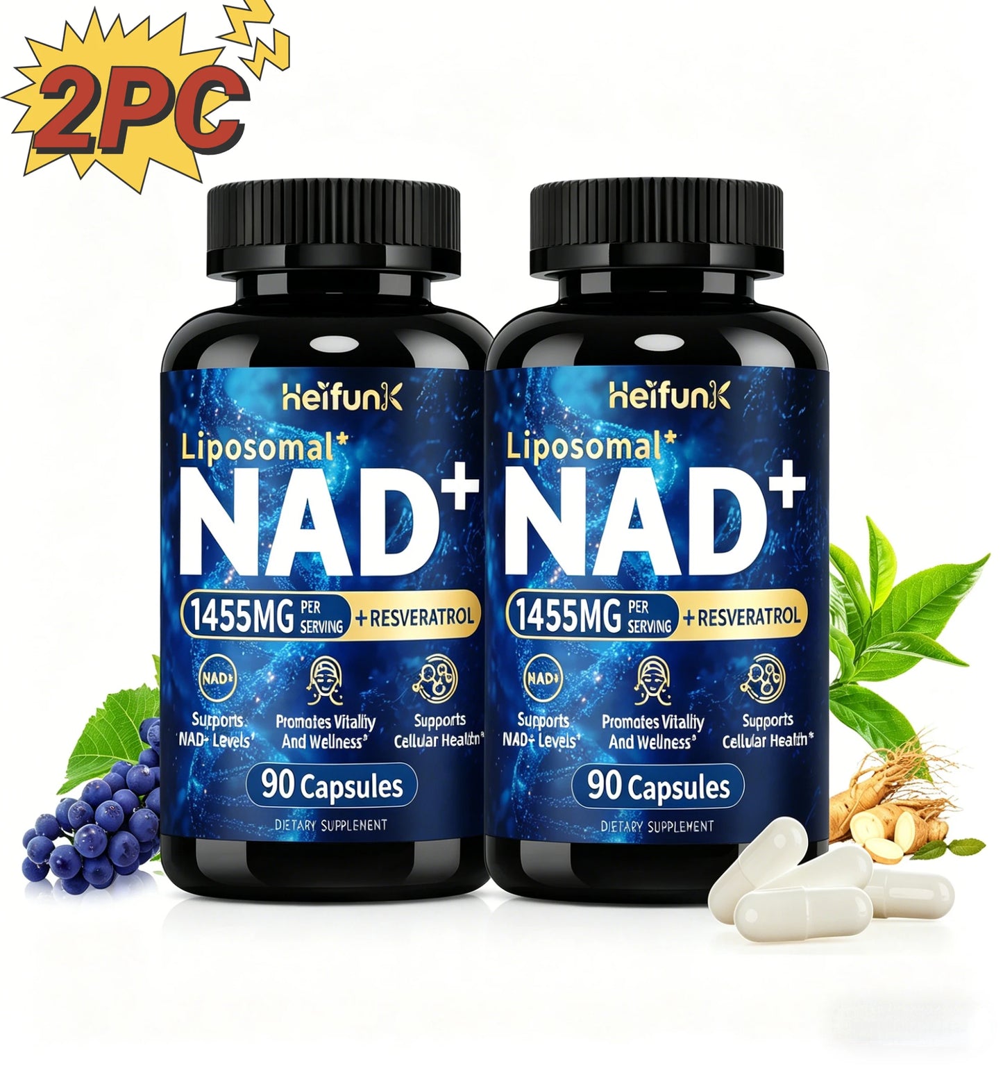 Supplement 1450mg NAD Resveratrol Supplement for Women and Men NAD+ Support Cellular Health Anti Aging 90 Count