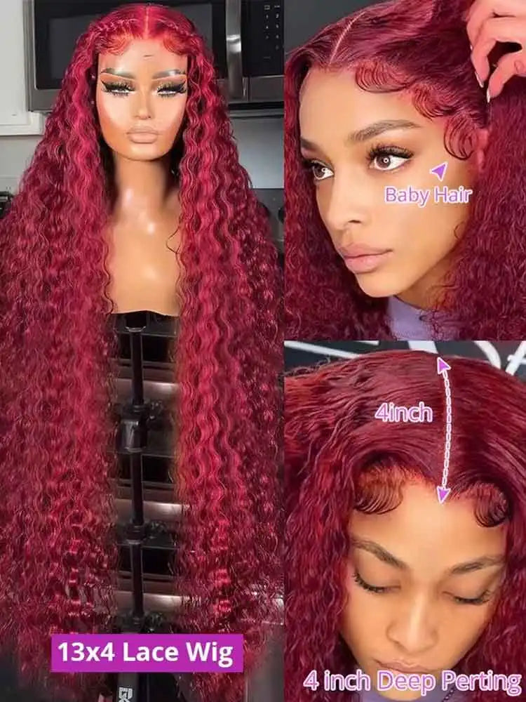 Burgundy deep‑wave wig, 13x4 HD lace.