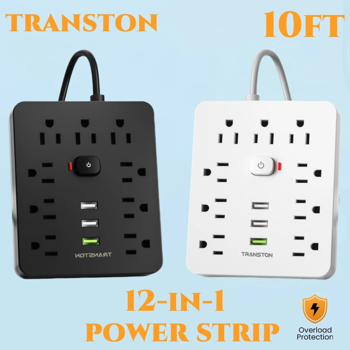 Power Outlet with Surge Protector, 9 power strip   3 USB Ports, 10ft Extension Cord, Quick Charge, For Home and Office