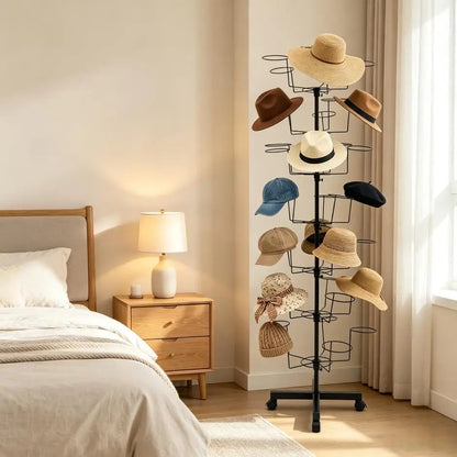 7 Tier Hat Rack Black Freestanding Hat Stand Large Capacity Holds 35 Hats Rotating Display Shelf Space Saving Floor Organizer for Hats Shop Retail Store Home Easy Access