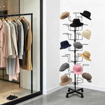 7 Tier Hat Rack Black Freestanding Hat Stand Large Capacity Holds 35 Hats Rotating Display Shelf Space Saving Floor Organizer for Hats Shop Retail Store Home Easy Access
