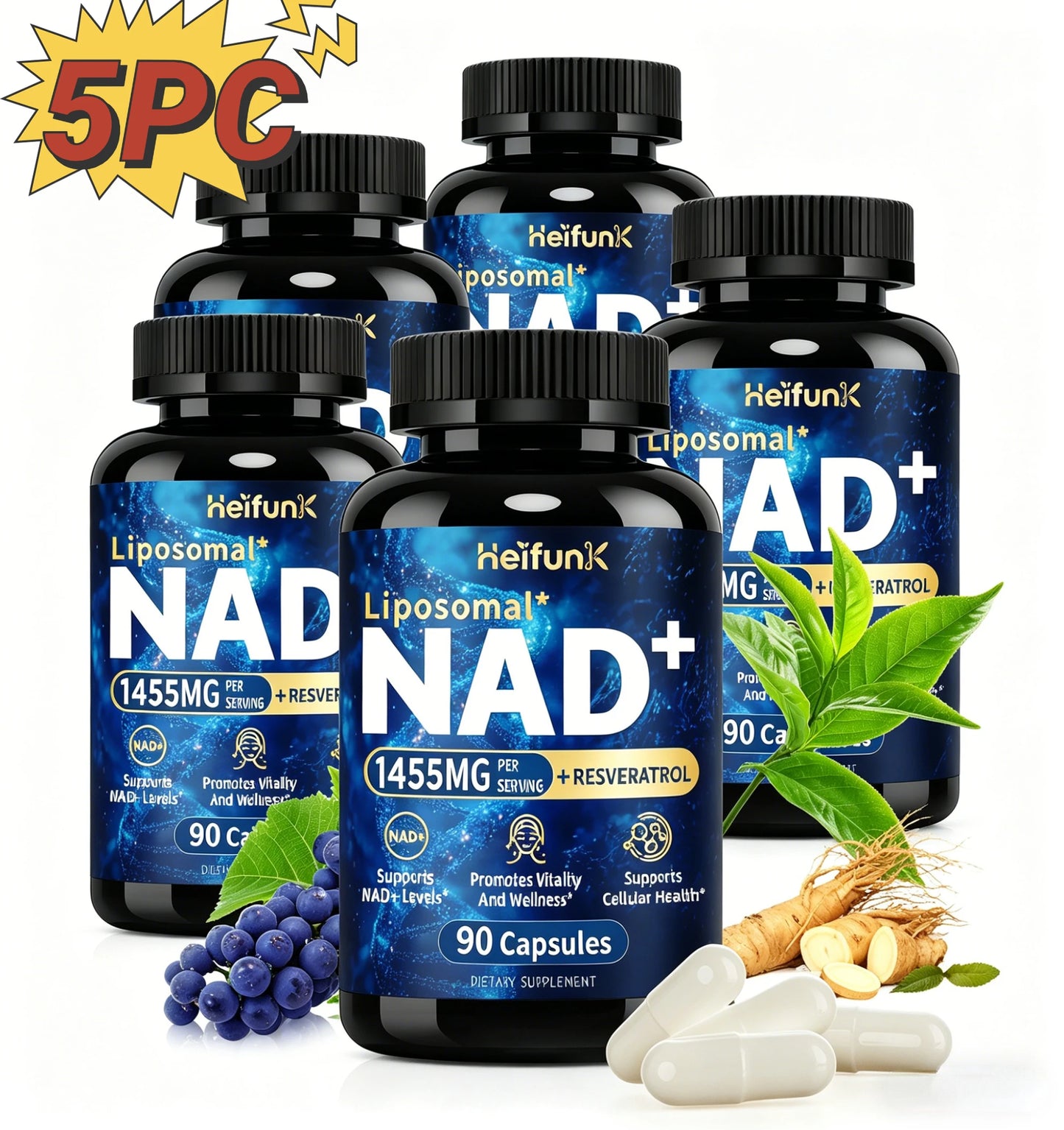 Supplement 1450mg NAD Resveratrol Supplement for Women and Men NAD+ Support Cellular Health Anti Aging 90 Count