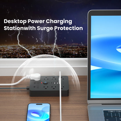 Power strip surge protector with 9 Ac Outlets,3 USB & 2 USB-C,5ft Cable, Weaving thread,45° tilt plug, Black