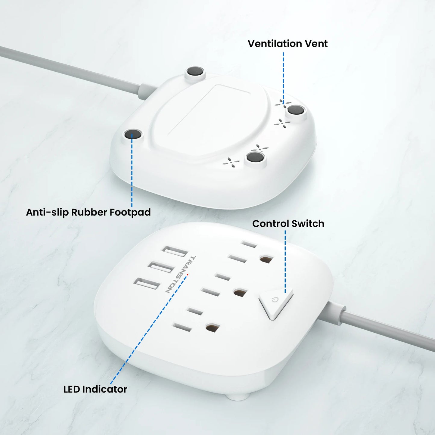 Power strip with switch, 3 power strip, 3 USB Ports, 10ft Extension Cord, Quick Charge, Fire Resistant, For Home