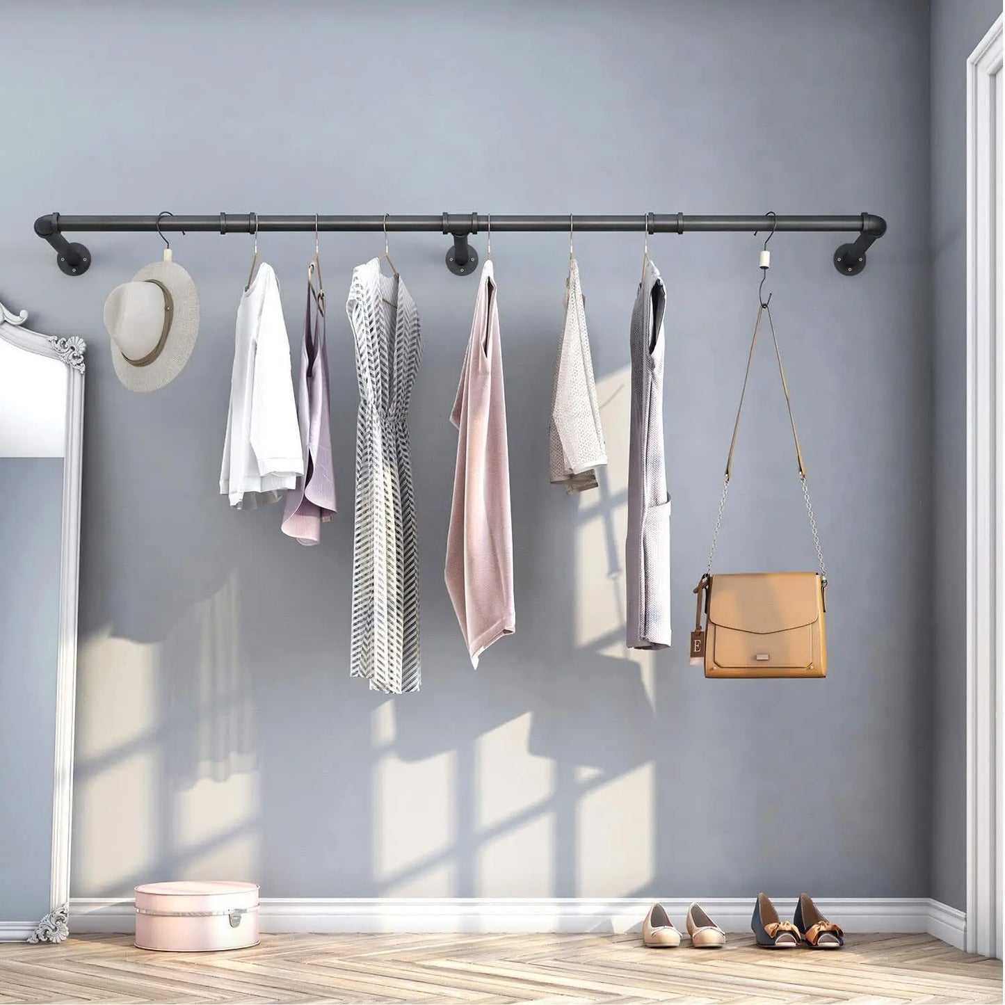 Tall Industrial Wall Mounted Clothes Rack With Hooks Shelf.