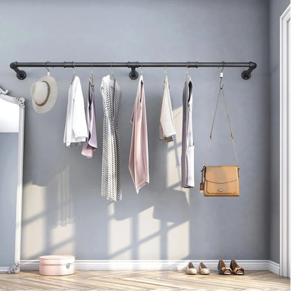 Tall Industrial Wall Mounted Clothes Rack With Hooks Shelf.