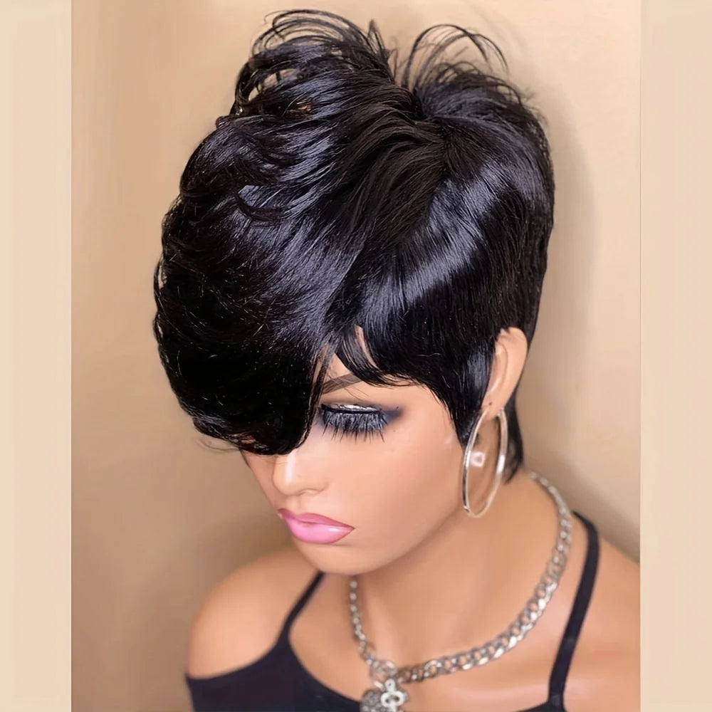Short Pixie Cut Wig Human Hair Wig for Women Wig with Bangs Layered Wavy Full Machine Made Wig