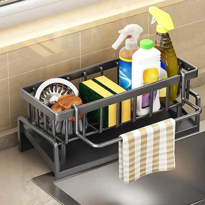 Compact Carbon Steel Sink Organizer With Tilted Drain Tray.