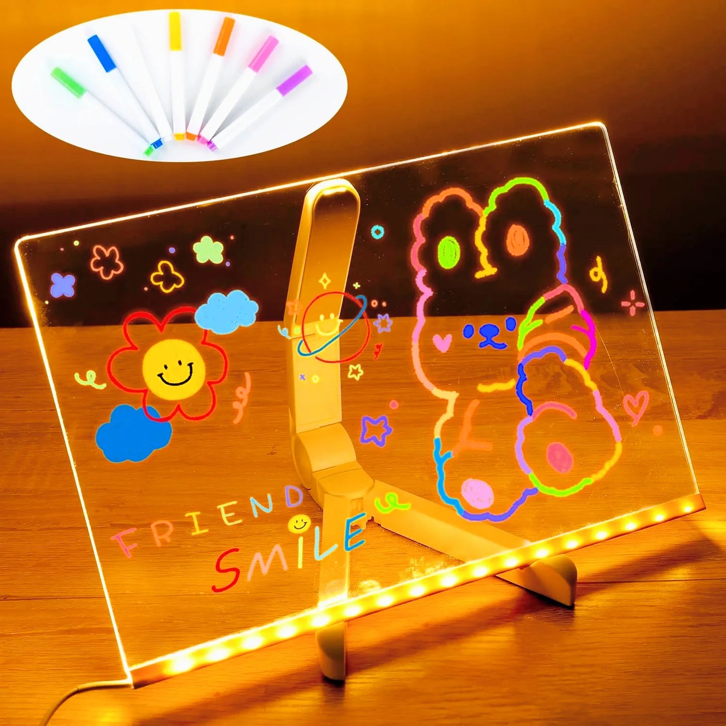 DIY LED Note Board With Night Light Colorful 7 Pens Acrylic Message Board Children‘s Drawing Board For Kids Birthday Gift