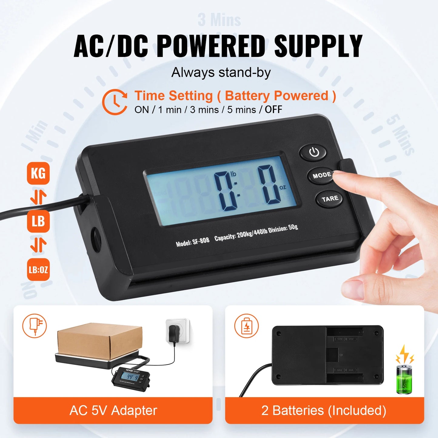 Portable 440lb digital shipping scale with timer.