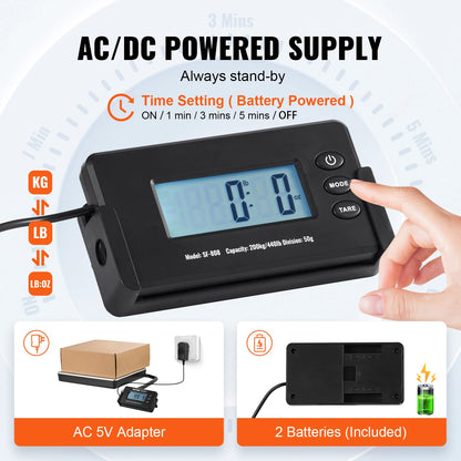 Portable 440lb digital shipping scale with timer.