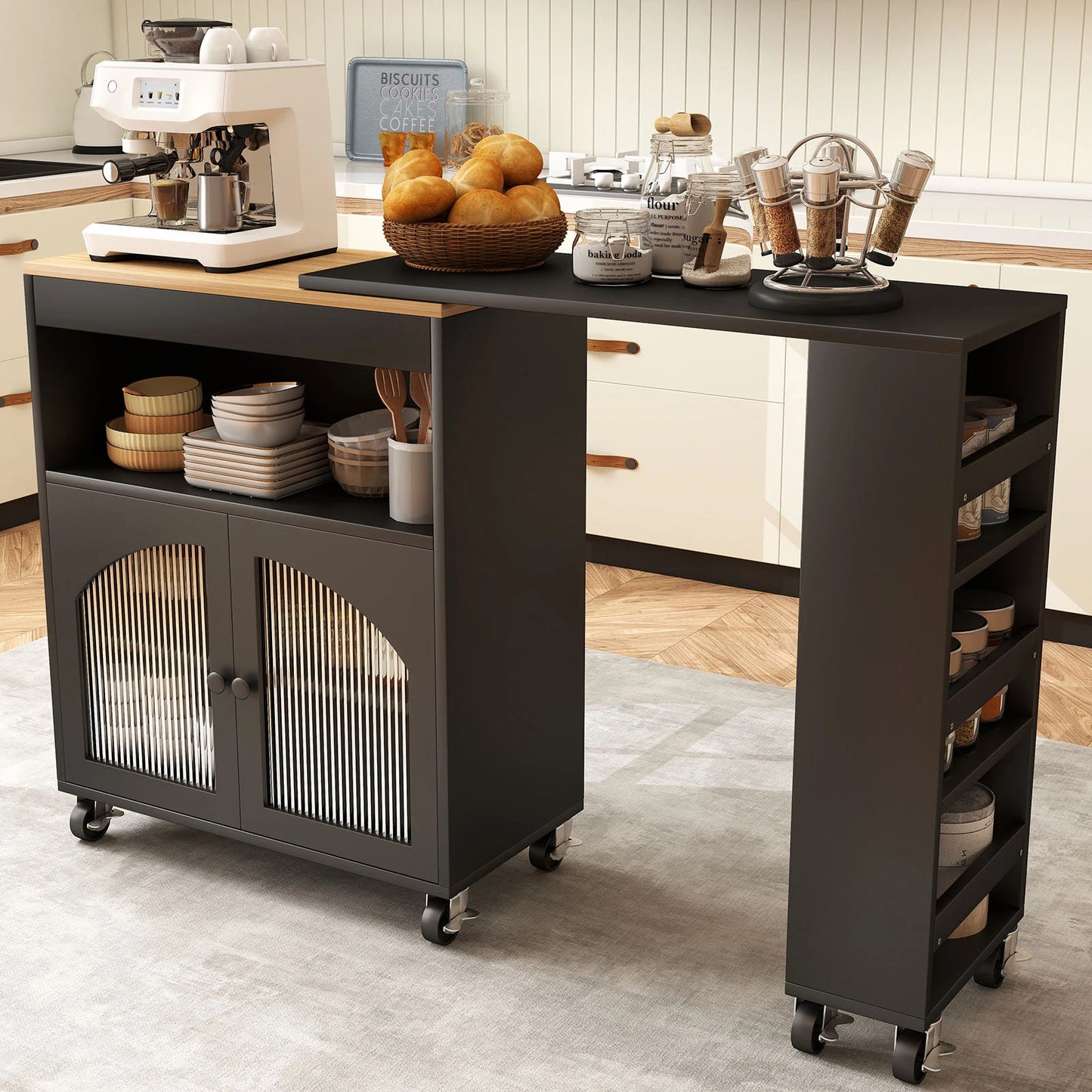 US Kitchen Island On Wheels with Extended Table MDF Rolling Kitchen Storage Cart LED Light Power Outlets 2 Fluted Glass Doors