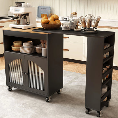 US Kitchen Island On Wheels with Extended Table MDF Rolling Kitchen Storage Cart LED Light Power Outlets 2 Fluted Glass Doors