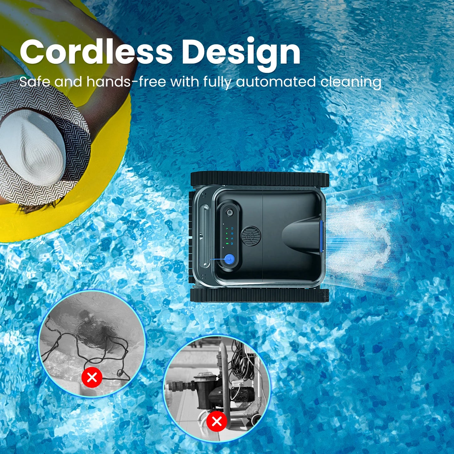 Upgraded Cordless Pool Robot With Powerful Four‑Motor Cleaning.