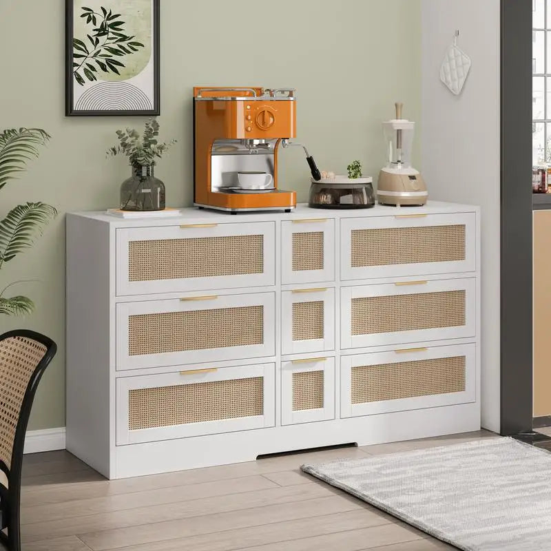 Rattan Dresser With Nine Drawers.