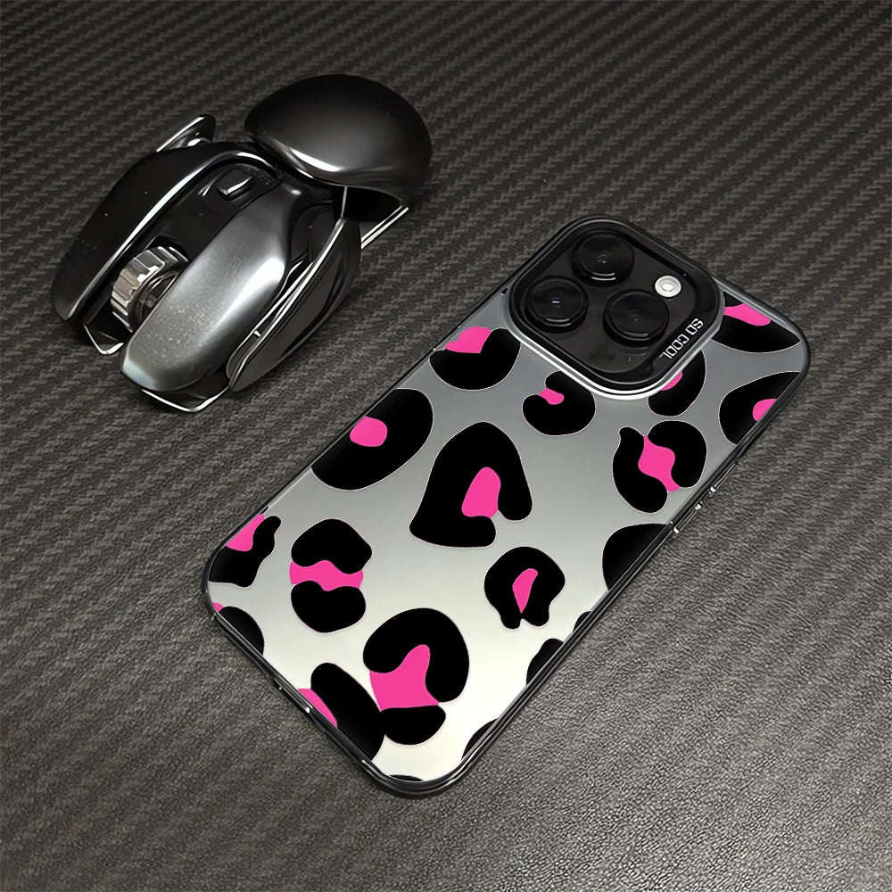 Leopard Print Electroplate Silver IMD Phone Case For iPhone 16 15 14 13 12 11 Pro Max 15 Plus Matte Shockproof Back Cover